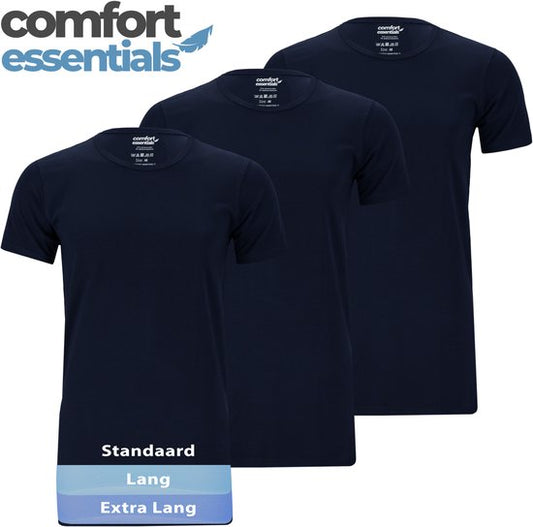 Comfort Essentials - T-shirts pour homme - Extra longs - Bleu marine L - Lot de 3 - Col rond - Sous-vêtements pour homme
