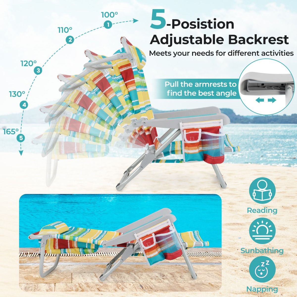 Chaise de plage avec dossier réglable à 5 positions, pliable, avec porte-gobelet et compartiments de rangement, multicolore