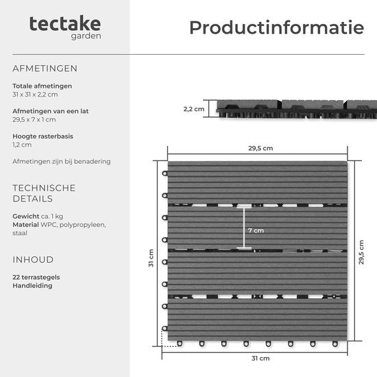 tectake® WPC wood tiles - Dalles aspect bois - Résistant aux intempéries - Sol extérieur - Dalles de sol - Sol de balcon - Dalles de terrasse avec système click - Drain - Lot de 22 - Gris