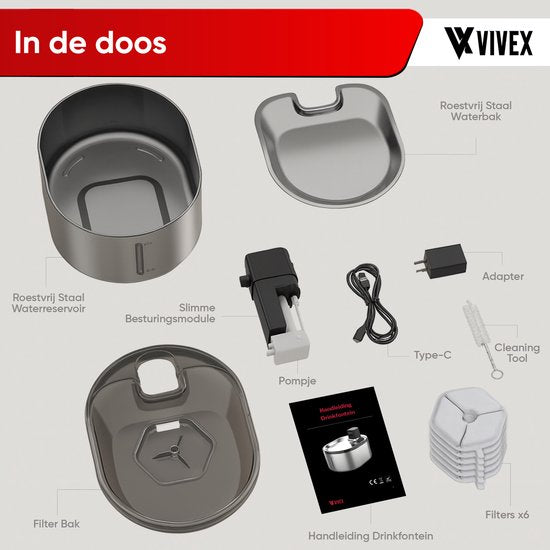 Vivex® Wireless Drinking Fountain - acier inoxydable - 4,5 litres - Fontaine à eau pour chats et chiens - avec capteur et batterie - 6 filtres et nettoyage inclus - silencieux
