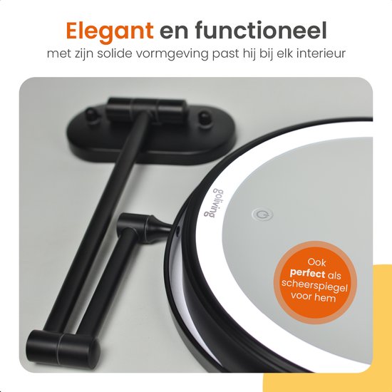 Goliving Miroir de maquillage avec éclairage - Ø25 cm - grossissement 10x - miroir de maquillage graduable - miroir de rasage - éclairage LED - rechargeable par USB-C - double face - 27 x 27 cm - noir