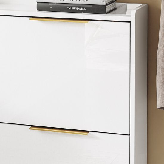 SoBuy FSR206-GW Shoe Cabinet Entrance - Ultrathin 19 cm - High Gloss White and Gold - Pour hall d'entrée, couloir, petit espace, avec protection contre l'inclinaison et protection du sol - 100x19x88.5 cm
