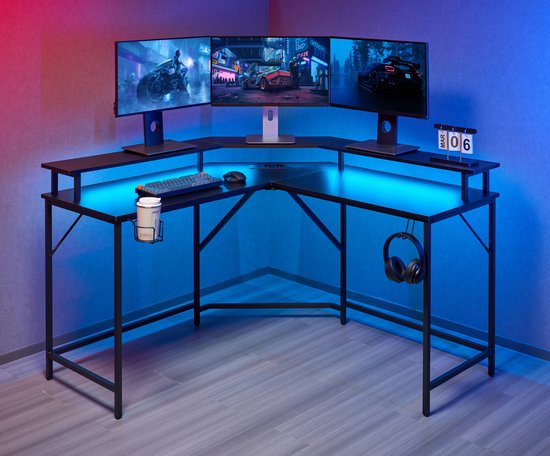 Bureau d'angle - bureau gaming - bureau en L - ports USB et USB-C et prise d'alimentation intégrés dans le plateau - éclairage LED - plateau de 130 x 130 x 50 cm