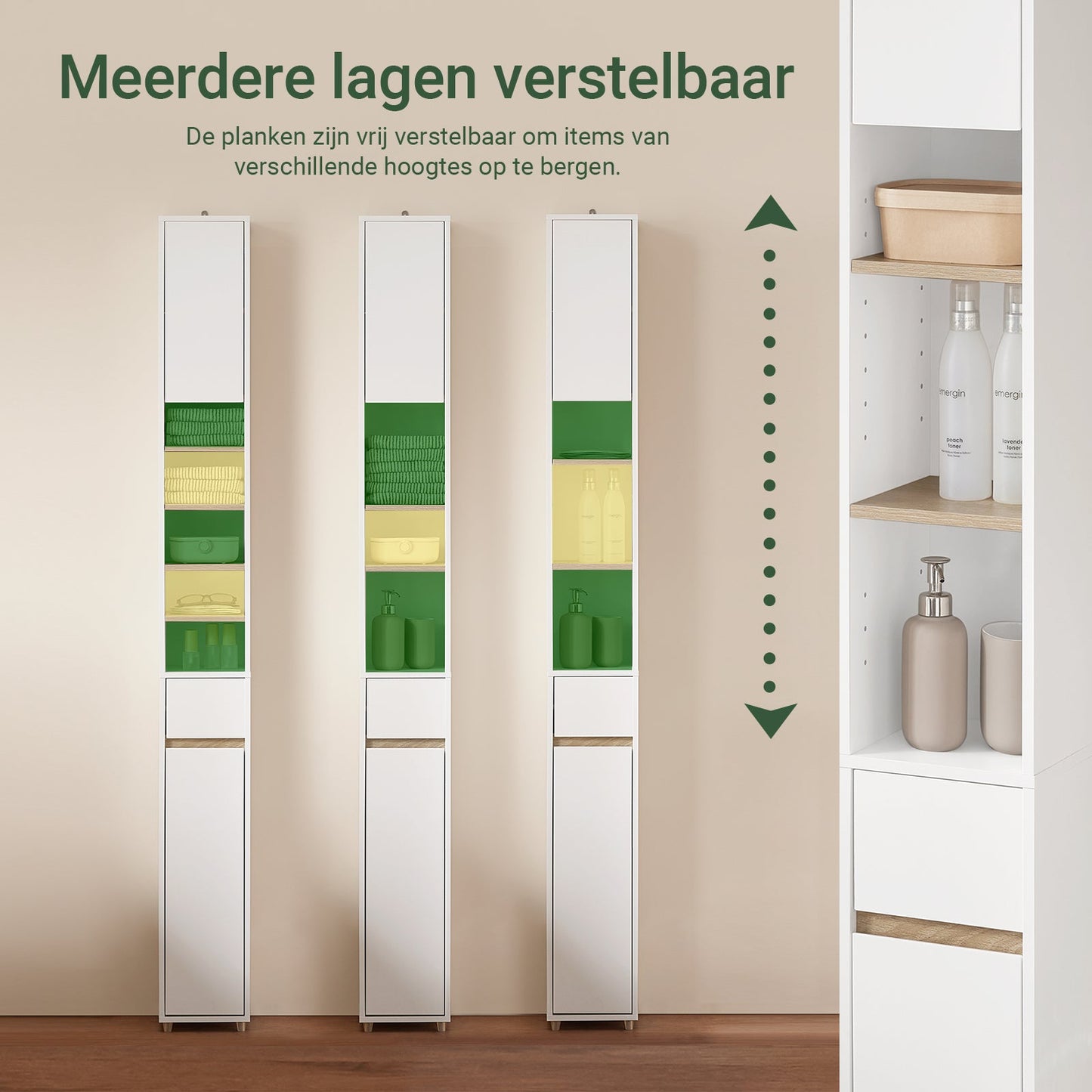 SoBuy BZR34-WN Meuble de salle de bain haut 20x20x180 cm - Blanc et bois - Meuble de rangement étroit et indépendant avec étagères et tiroirs réglables