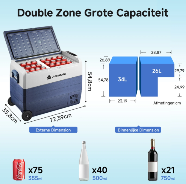 Glacière à compresseur AAOBOSI 60 L à deux zones - Commande via application - 12/24 V et 230 V - Noir