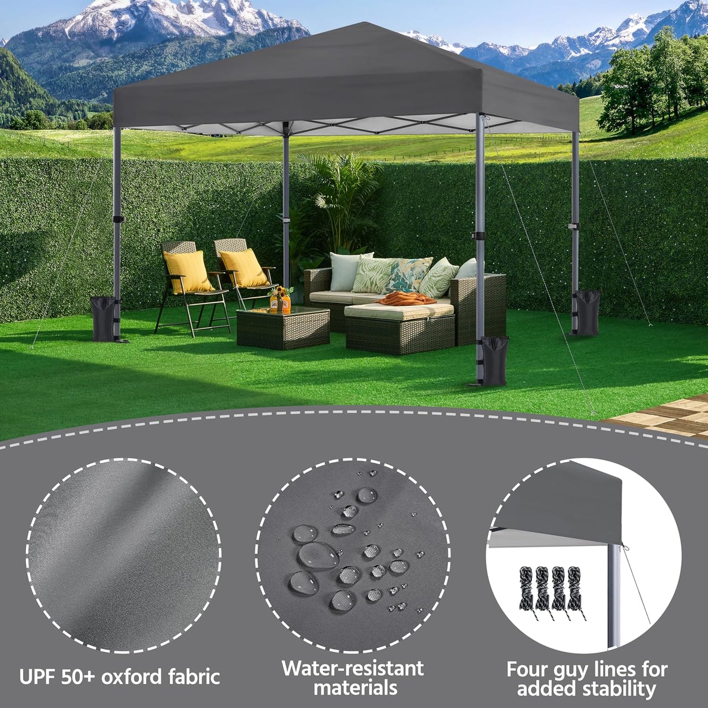 Pavillon pliable Yaheetech 3 x 3 m, gris foncé - Imperméable - Protection UV 50+ - S’accompagne de piquets, de sacs de sable et d’un sac de transport