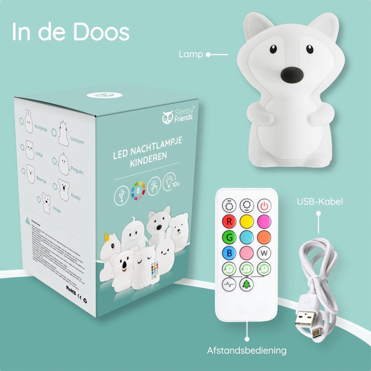 Veilleuse Sleepy Friends Fox - rechargeable par USB et avec variateur de lumière - 8 couleurs - 95x97x100 mm - Veilleuse en silicone souple pour la chambre de bébé et la nurserie