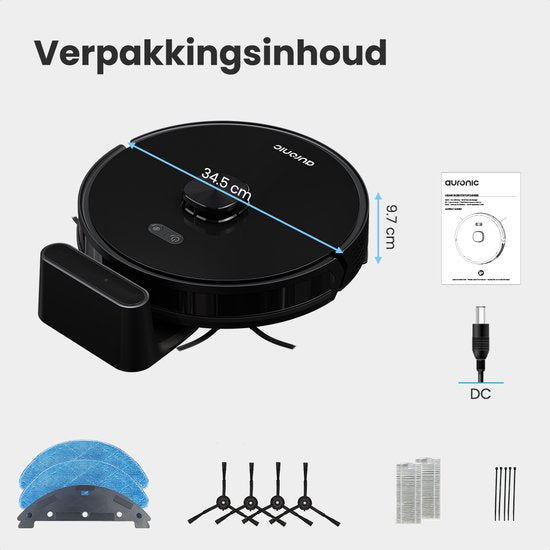 Auronic Robot Aspirateur - Avec fonction balayage - WiFi et App - Station de charge - Animaux domestiques - Robot balayeur - Navigation laser - Noir