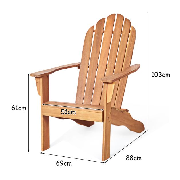 Coast Outdoor Wood Adirondack Chair 69x88x103 cm - Bois d'acacia naturel - Chaise de jardin pour terrasse, balcon et jardin