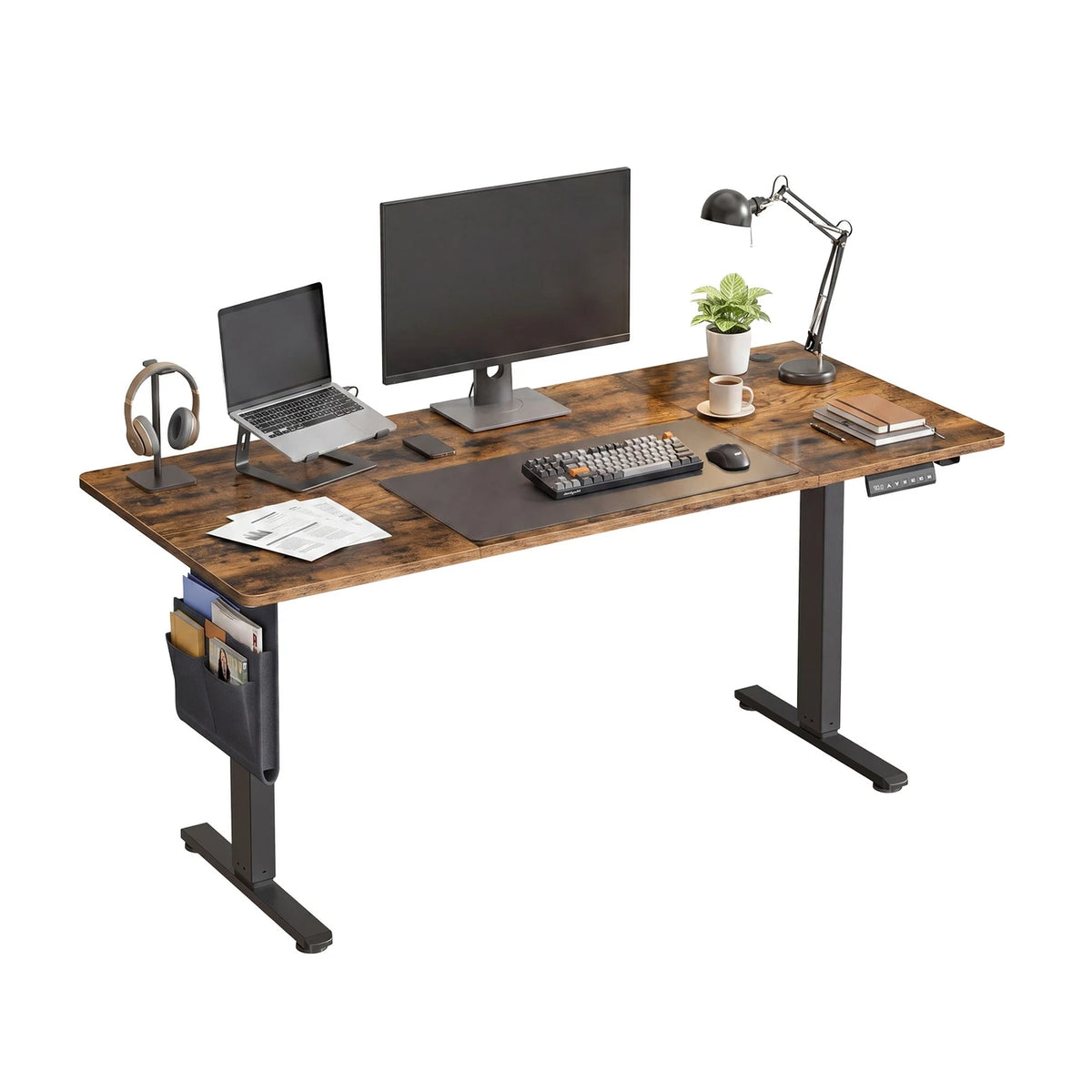 Bureau assis-debout électrique Joyfurnos 140 x 60 cm - Réglable en hauteur avec fonction mémoire - USB-C - Marron