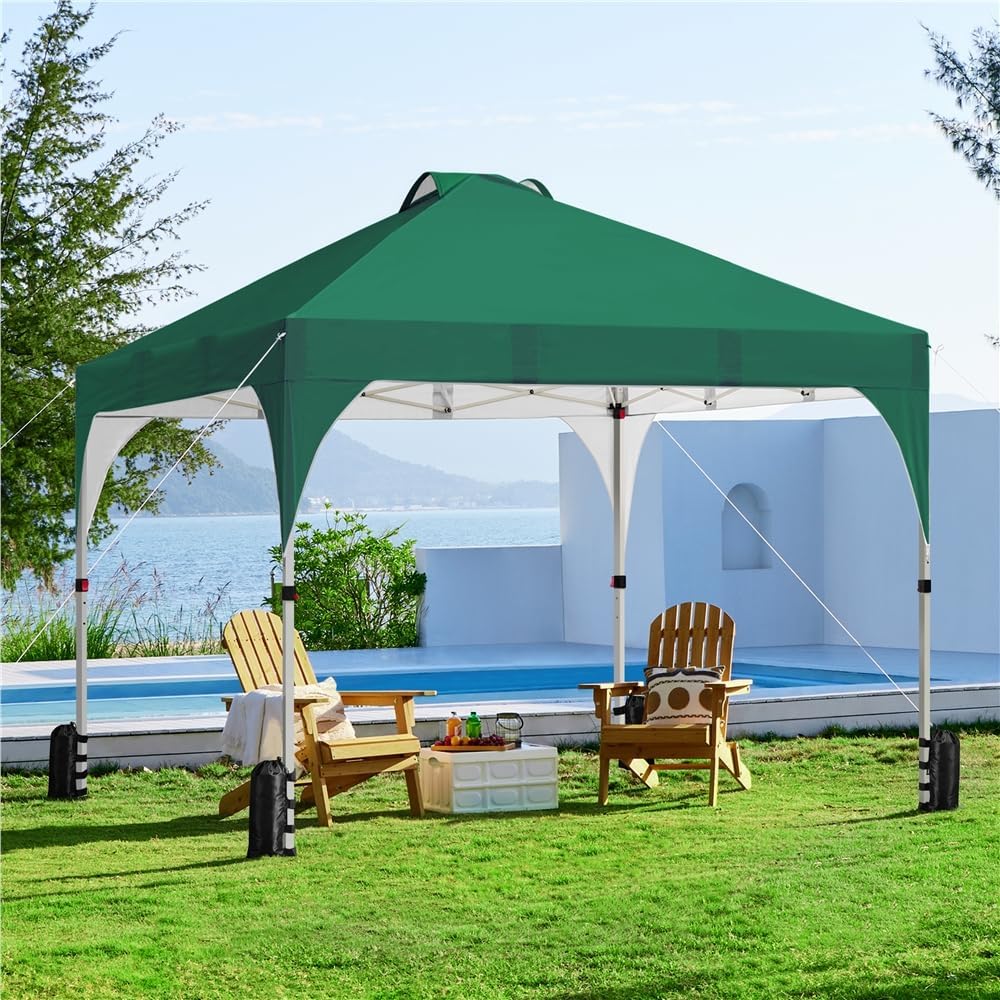 Pavillon pliable 3 × 3 m, pavillon de jardin pop-up, réglable en hauteur, avec ventilation et sac de transport, vert foncé