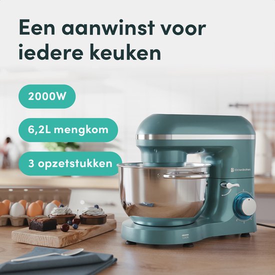 KitchenBrothers Robot de cuisine - Robot de cuisine - 6.2L - Batteur avec bol mélangeur - Batteur de cuisine - 2000W - Vert Pastel