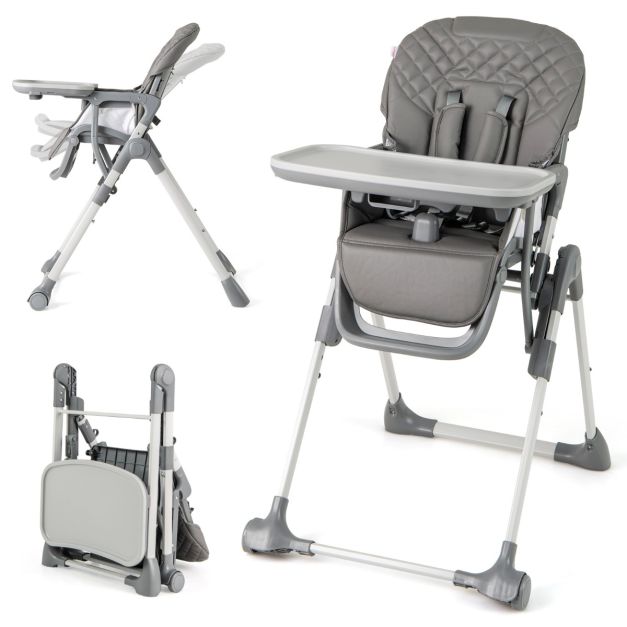 Chaise haute pliable Coast avec fonction d'inclinaison - Chaise haute réglable pour bébé avec harnais à 5 points, roulettes et plateau amovible - Gris