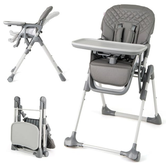 Chaise haute pliable Coast avec fonction d'inclinaison - Chaise haute réglable pour bébé avec harnais à 5 points, roulettes et plateau amovible - Gris