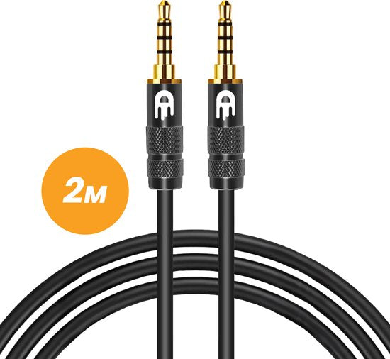 Drivv. Câble AUX 3,5 mm - Jack à Jack - Câble audio 4 pôles - Plaqué or - Mâle à Mâle - PVC - Noir - 2 mètres