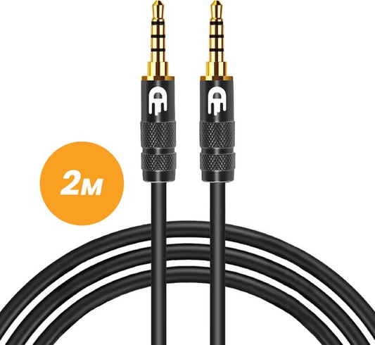 Drivv. Câble AUX 3,5 mm - Jack à Jack - Câble audio 4 pôles - Plaqué or - Mâle à Mâle - PVC - Noir - 2 mètres