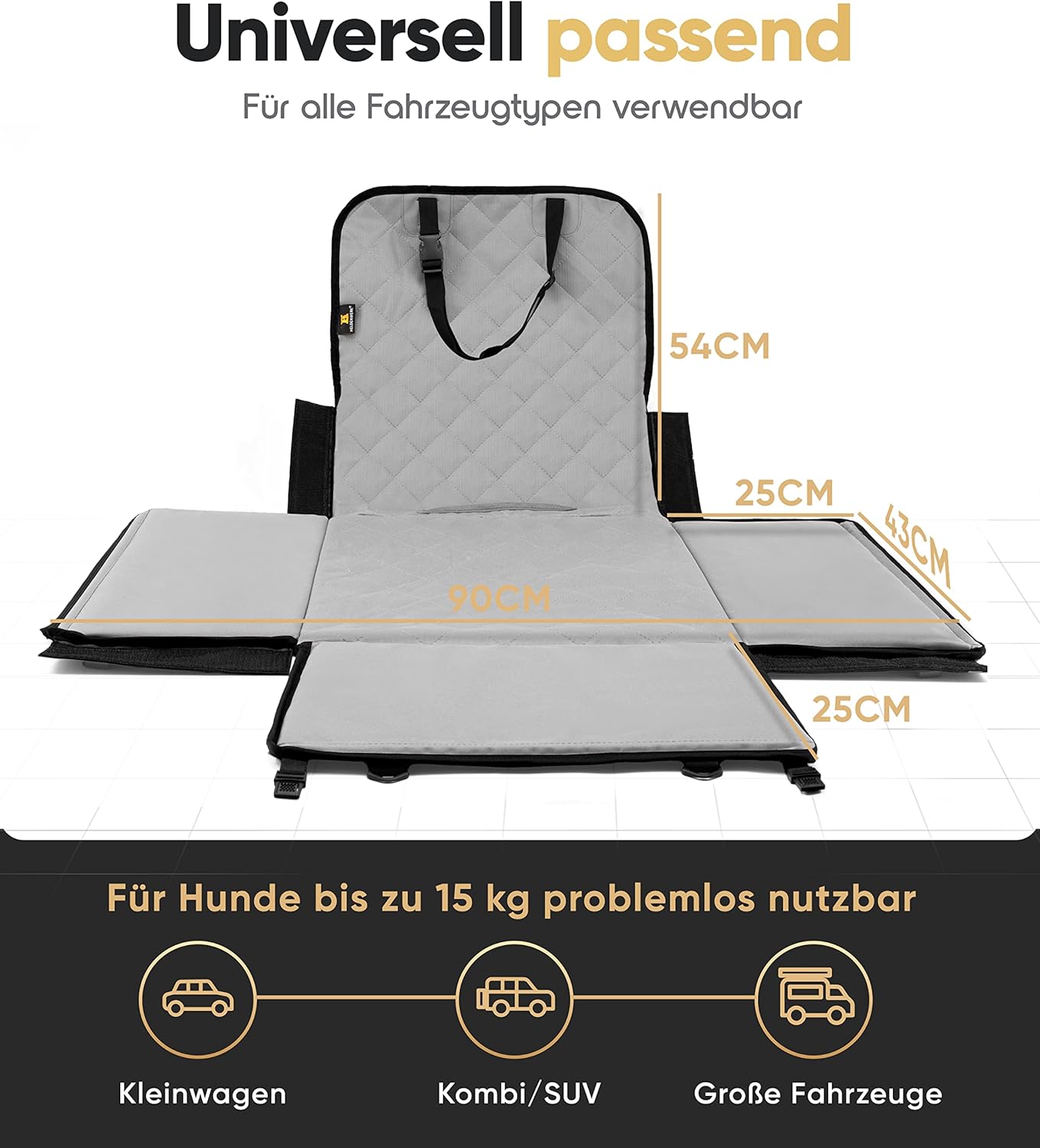 HELDENWERK Siège auto pour chien, très robuste, parois renforcées, 5 sangles, siège auto pour chien étanche pour siège arrière et avant, gris, taille standard