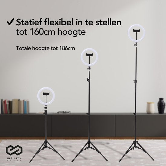 Infinity Goods Ring Light With Tripod - LED - 3 Colours - Adjustable Tripod Up to 186m - Includes Plug - Selfie Ringlight for Tiktok / Instagram / Youtube / Streaming / Working at Home - Black