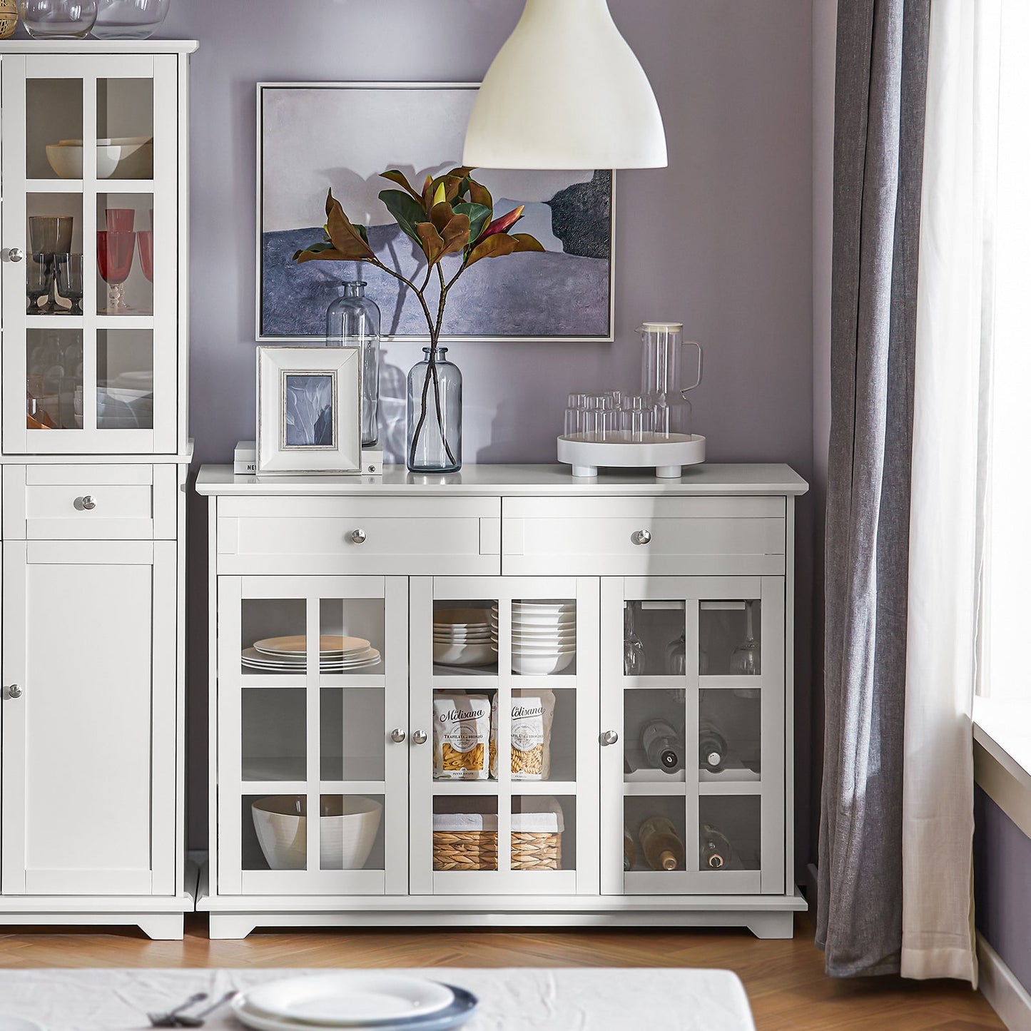 SoBuy Meuble de cuisine Buffet Meuble de rangement latéral avec 3 portes en verre et 2 tiroirs, 90x40x90 cm, blanc