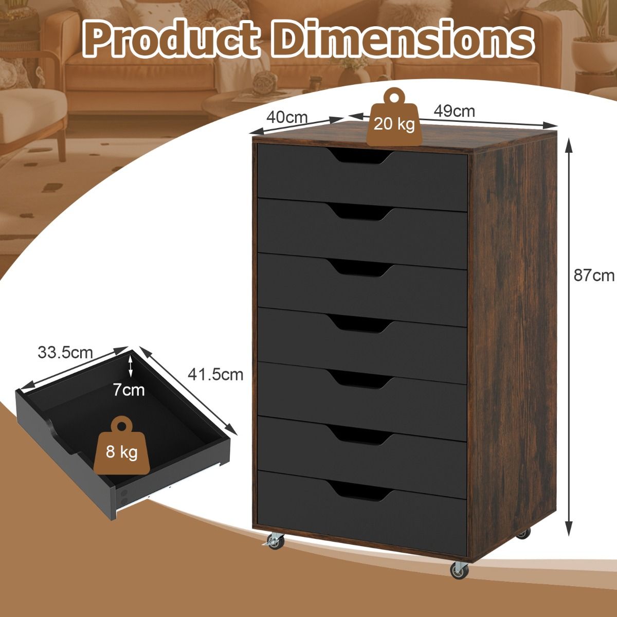 Commode en bois à roulettes Coast avec 7 tiroirs - 49 x 40 x 89 cm - Marron rustique/Noir