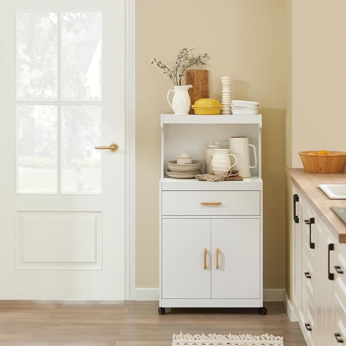 SoBuy Meuble micro-ondes avec 1 tiroir - Max. 60 kg - MDF - Avec roulettes - 62 x 40 x 119 cm - Blanc