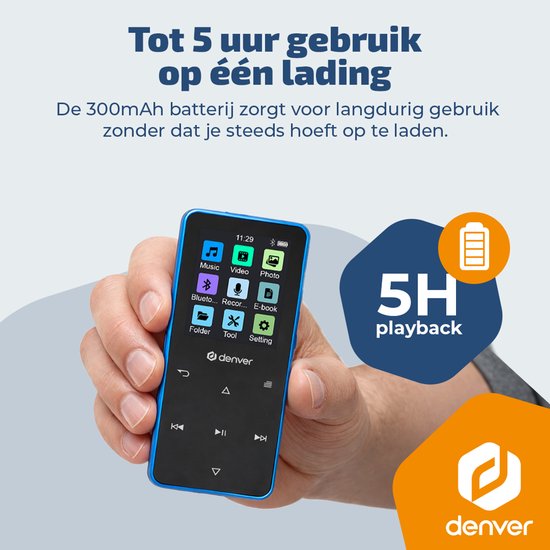Lecteur MP3/MP4 Denver - Bluetooth - Lecture aléatoire/Répétition - Carte SD jusqu'à 128 Go - Écouteurs inclus - Dictaphone - MP1830BU - Bleu