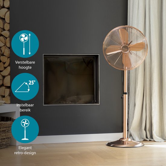 Ventilateur sur pied Tristar Retro 40 cm – 50 W – 3 vitesses – Oscillation à 85° – Réglage en hauteur – Couleur cuivre – VE-5971