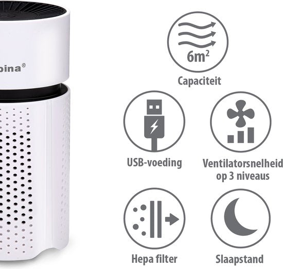 alpina Mini purificateur d'air avec filtre HEPA H13 - Purificateur d'air avec ioniseur pour les espaces de 6m2 - Purificateur d'air avec USB pour l'intérieur et l'extérieur - Purificateur d'air 1.5W - Blanc