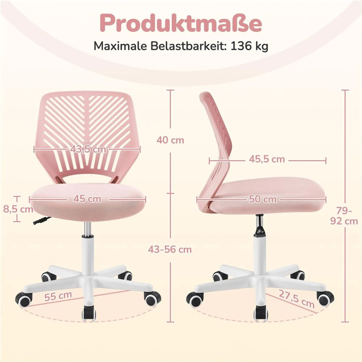 Chaise de bureau sans accoudoirs, réglable en hauteur et pivotante à 360°, rose pâle