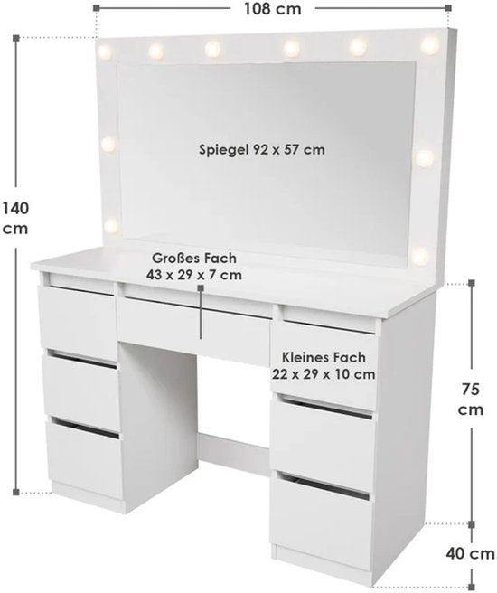 Lilia dressing table / Table de maquillage - Incl. LED et tiroirs - Blanc