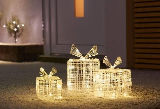 Lot de 3 boîtes cadeaux lumineuses de Noël, 90 LED, Décoration De Noël, Blanc Chaud