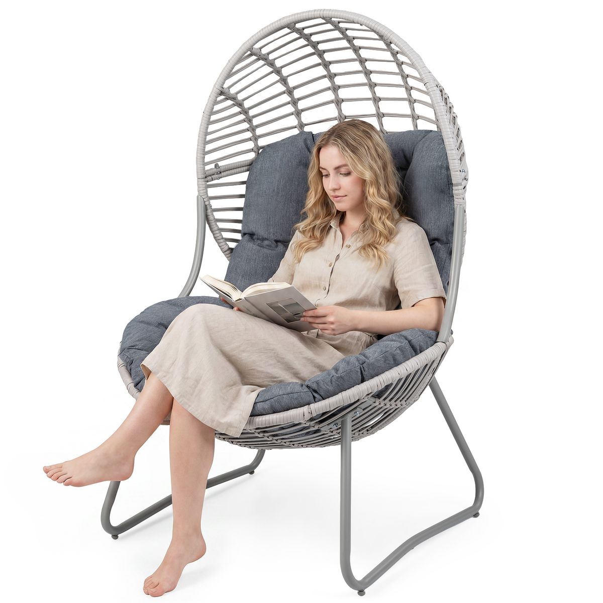 Fauteuil Coast en rotin - design en forme d'œuf - coussins amovibles - gris