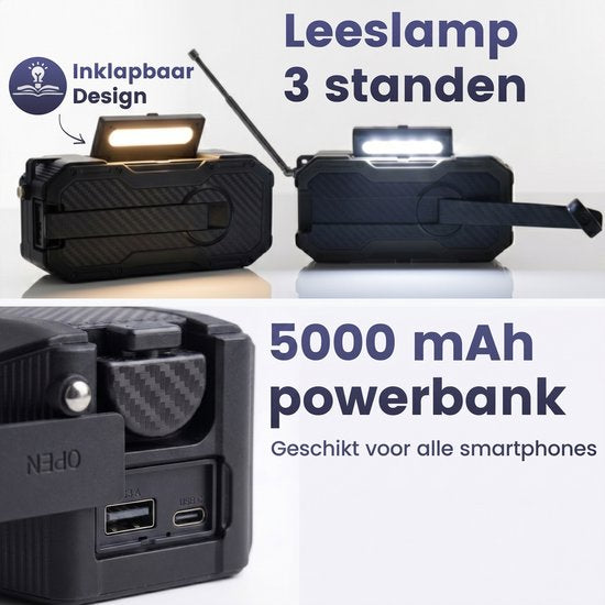 Radio d'urgence à énergie solaire et à remontage manuel - Radio d'urgence FM/AM - Batterie externe solaire de 5 000 mAh - Enceinte de chantier - Radio de salle de bain - Kit d'urgence