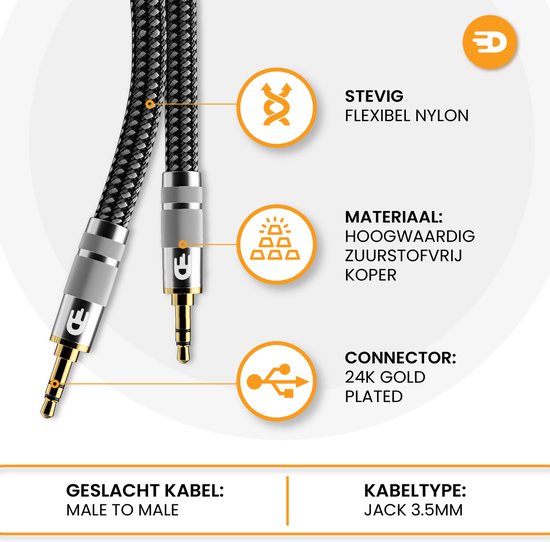 Premium AUX Cable 3.5 mm - Câble audio en nylon - plaqué or - mâle vers mâle - argent - 3 mètres