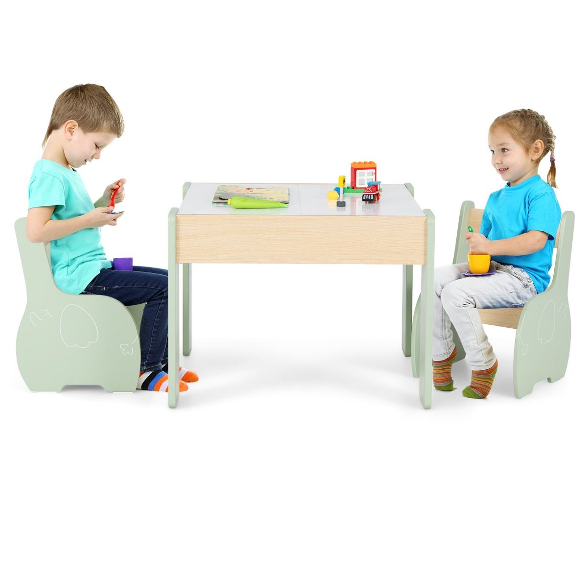 Ensemble de salon pour enfants Coast 3 pièces - Table pour enfants 4 en 1 avec 2 chaises et espace de rangement - vert