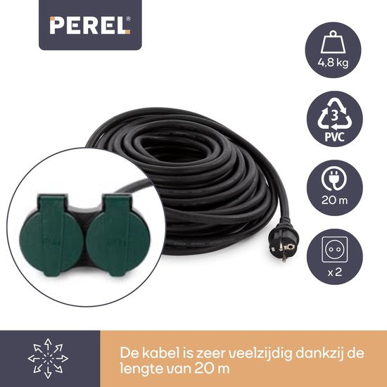 Perel Rallonge électrique, câble d'extension, câble d'alimentation, câble de rallonge, câble d'intérieur avec deux prises pour l'extérieur IP44, avec mise à la terre, Schuko, H07RN 3G2,5, PVC, caoutchouc, 20 m, noir