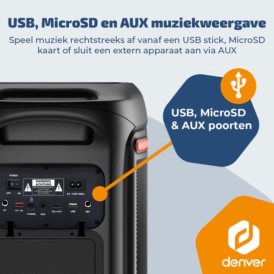 Enceinte Bluetooth Denver Party Box - Lumières disco - Partybox - Microphone inclus - Haut-parleur - BPS470