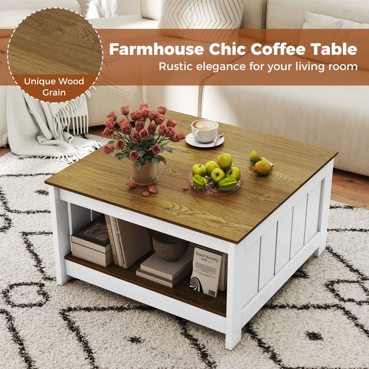 Table basse Coast en bois - 2 niveaux - Espace de rangement - Naturel et blanc - 80 x 80 x 45 cm