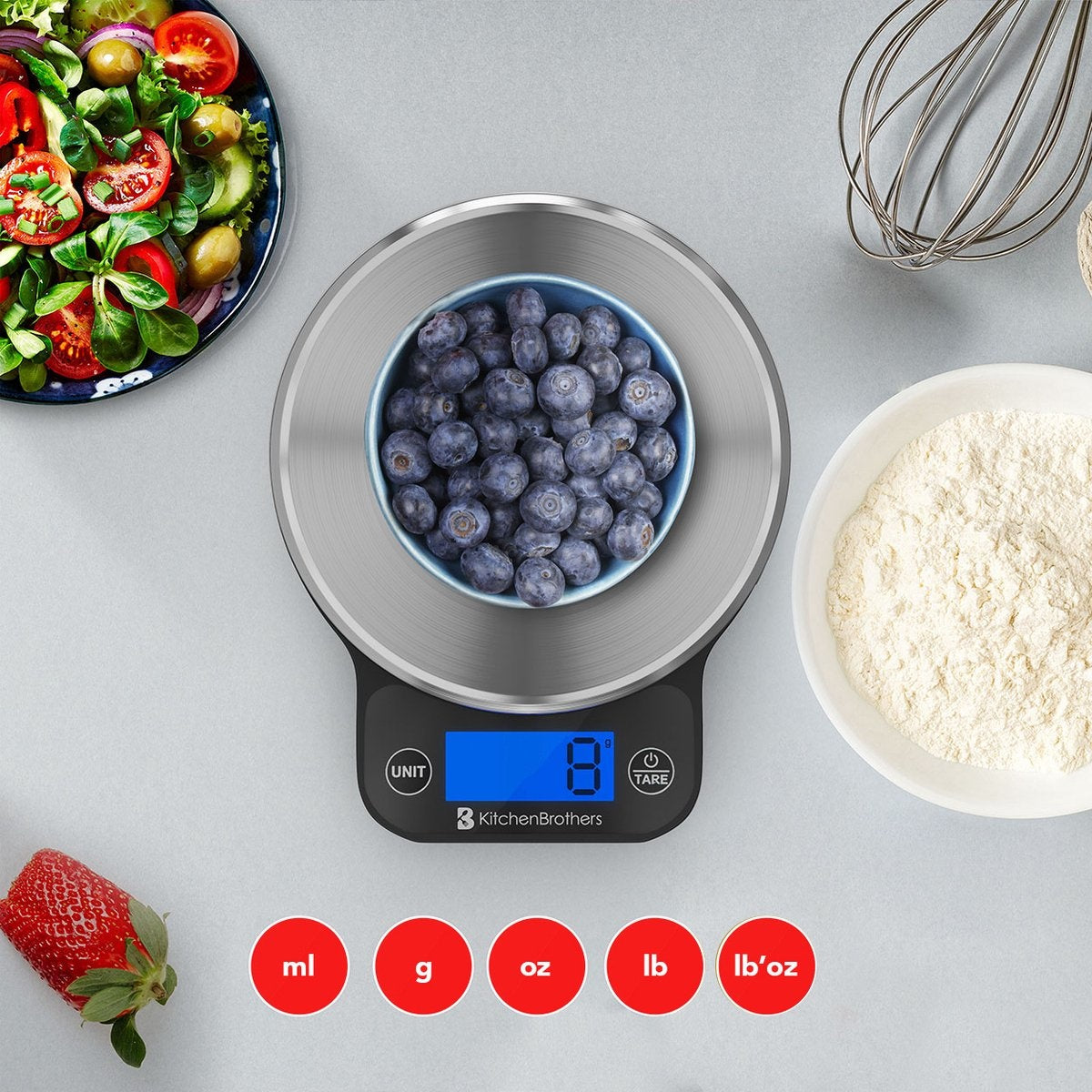 Balance de cuisine KitchenBrothers - numérique - 1 g à 6 kg - Piles incluses - Acier inoxydable - noir