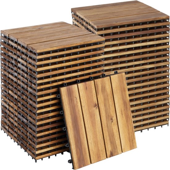 tectake® - Dalles de jardin en bois - Résistant aux intempéries - Revêtement de sol pour balcon - Dalles de sol - Sol de balcon - Dalles de terrasse avec système d'encliquetage - Drainage - lot de 40