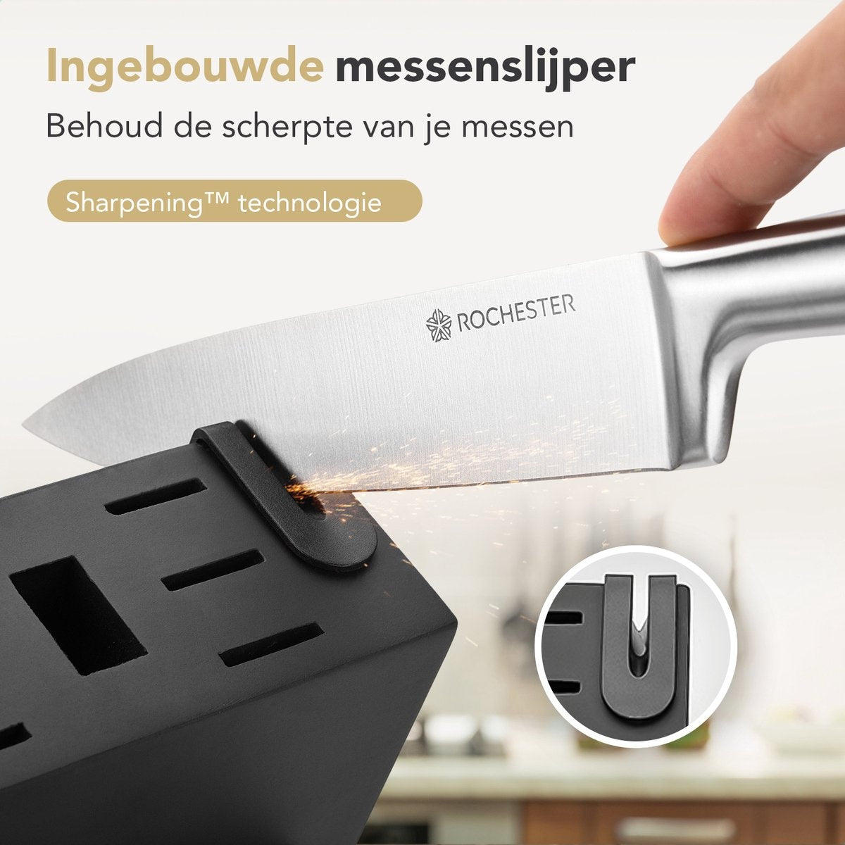 Ensemble de 14 couteaux avec bloc et aiguiseur de couteaux - Rochester - Acier inoxydable - Revêtement résistant aux rayures