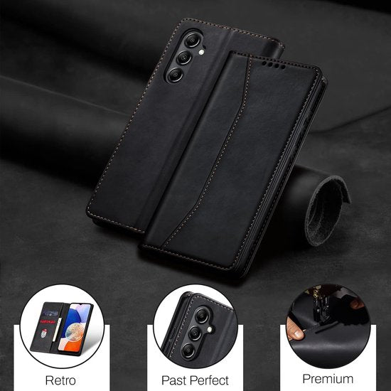 Podec Case with Card Holder suitable for Samsung Galaxy A14 Black Phone Case - Anti-Shock Bookcase Cover with 1x Screen Protector