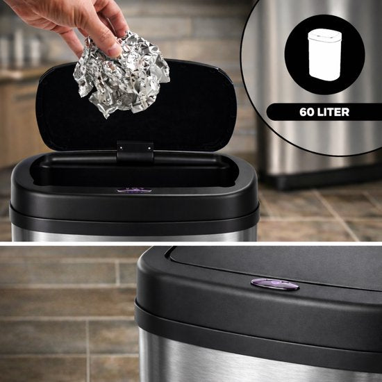 Bayt Poubelle - Poubelle 60 litres - Poubelle avec capteur - Poubelle - Corbeille - Métal - Argent
