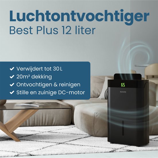 Déshumidificateur et purificateur d'air Auronic - Better Plus Series - Déshumidifie 12L par jour - Réservoir d'eau de 5L - Chambre à coucher, salle de bain, salon et bureau - Dévoreur d'humidité pour la maison - Noir