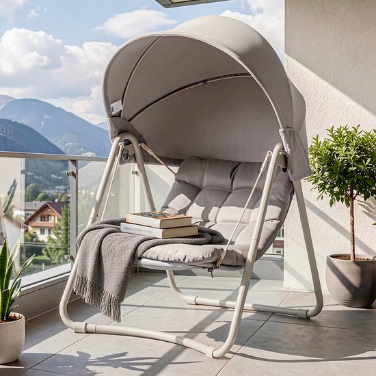 SoBuy OGS62-MI Fauteuil à bascule avec parasol réglable - Pour l'intérieur et l'extérieur - Hamac et chaise de jardin d'extérieur - beige, 108 x 126 x 163 cm