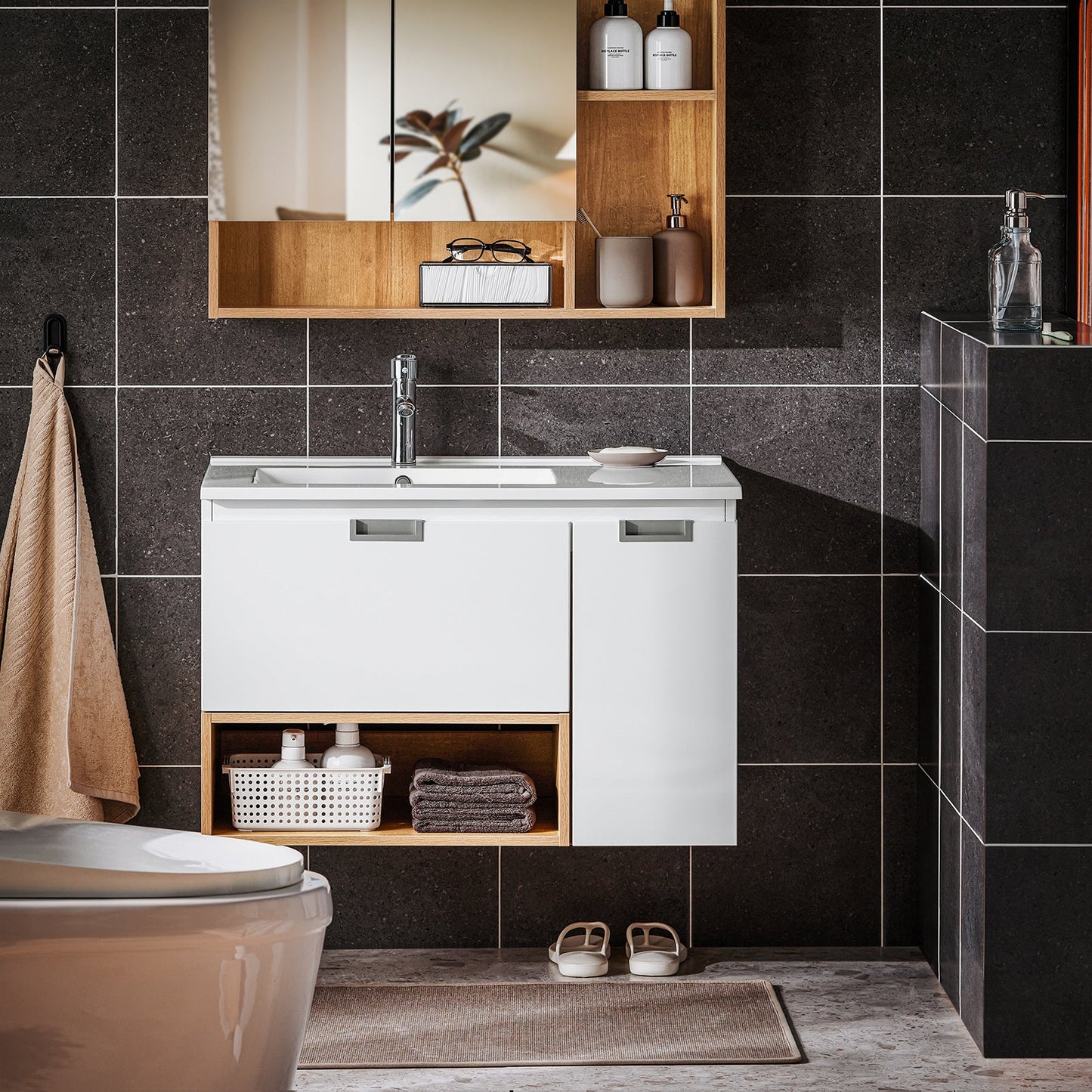 SoBuy BZR178-WN Meuble sous-lavabo - 80x54x46 cm - Blanc/Naturel - Meuble de salle de bains étroit