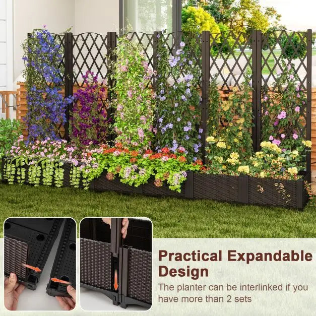 Jardinière Coast avec treillis d'escalade et parterre surélevé – Dotée d'un système d'arrosage automatique pratique, d'une grande jardinière et d'un aspect rotin – Pour jardins et balcons – Plastique PP marron – 80 de long, 40 de large et 122 de haut (cm)