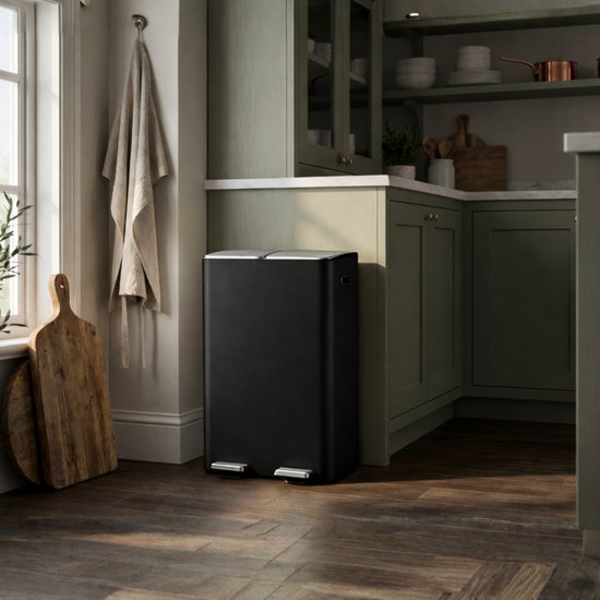 Bayt Poubelle - Poubelle 60 litres (2x30) - Poubelle 60 litres - Poubelle à pédale 60 litres - Poubelle Séparation des déchets - Poubelle 2 compartiments - Poubelle - inox - Noir/Argent