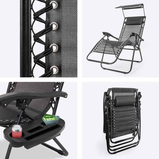 LifeGoods Chaises de jardin pliables - avec auvent - parasol réglable - 2 pièces - 30°-90° réglable - métal - noir
