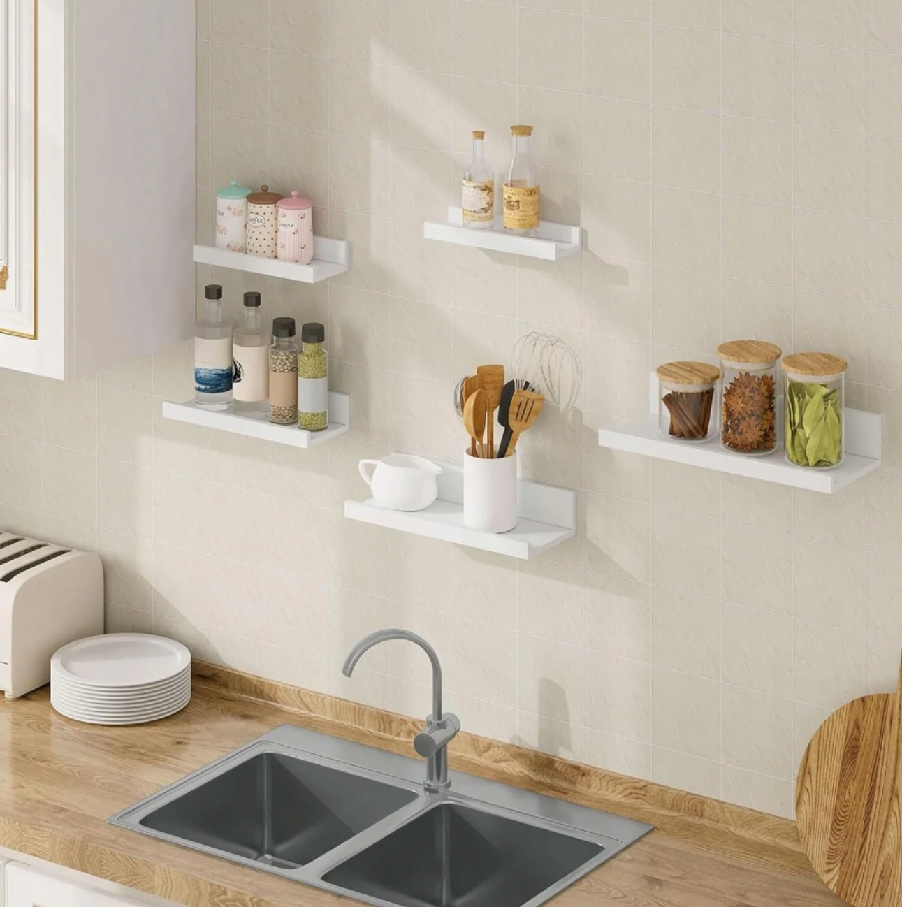 Ensemble de 5 étagères murales Eugad - MDF blanc - 40 x 16 x 8 cm - Étagères murales modernes pour le salon, la chambre, la cuisine et l'entrée